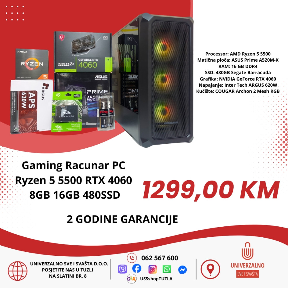 Gaming PC Računar Ryzen 5 5500 RTX 4060 8GB 16GB 480SSD