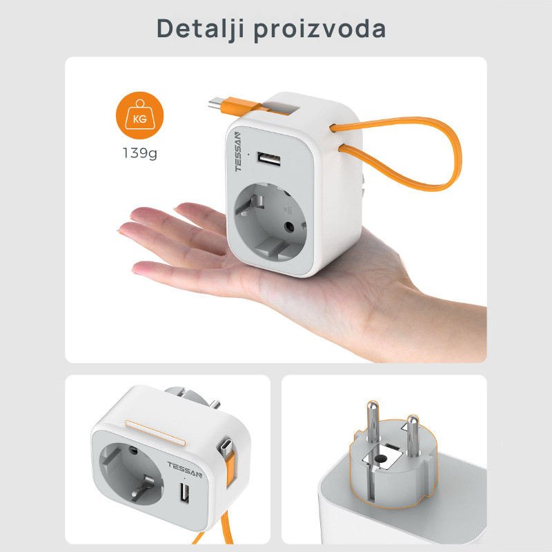 Zidna utičnica TS-332, 1x AC, 1x USB-C sa kabelom od 20cm, 15W