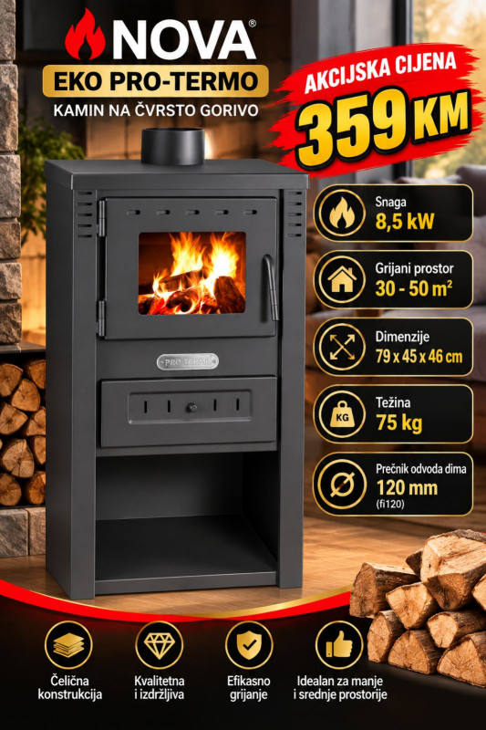 KAMIN NA CVRSTO GORIVO - NOVA EKO PRO-TERMO - 8.5kW