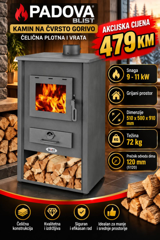 KAMIN NA CVRSTO GORIVO BLIST PADOVA - 9000-11000W