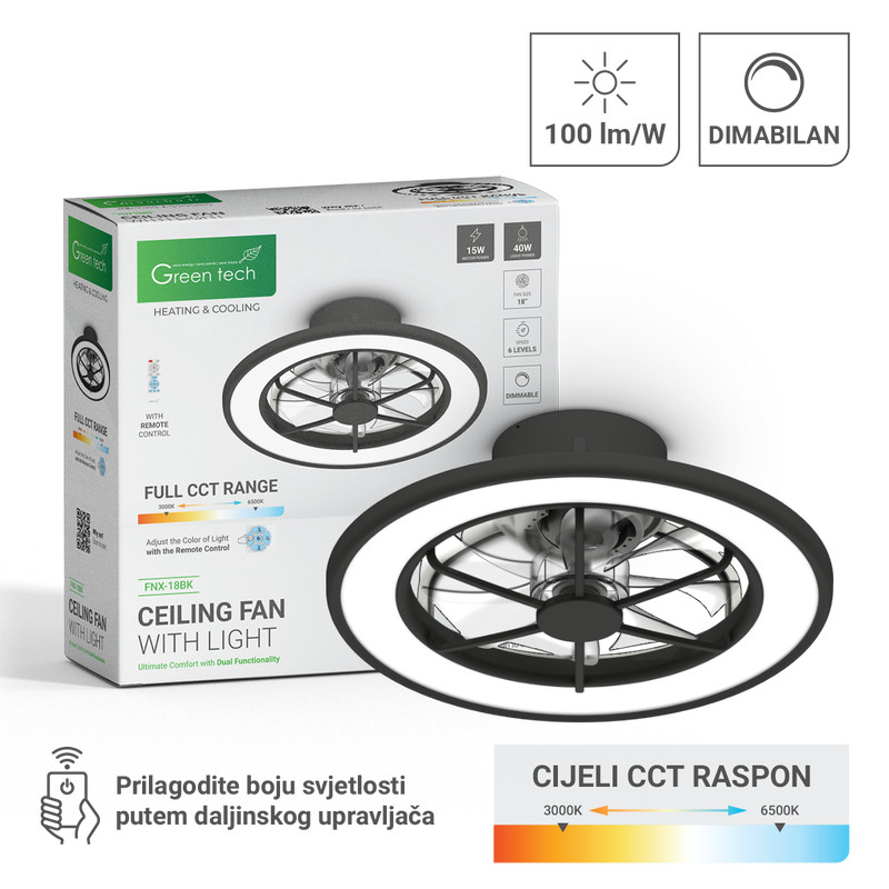 STROPNI VENTILATOR SA SVJETILJKOM GREEN TECH, 18, 40W, 3CCT, CRNI
