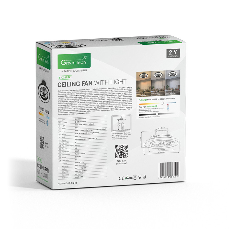 STROPNI VENTILATOR SA SVJETILJKOM GREEN TECH, 18, 40W, 3CCT, CRNI