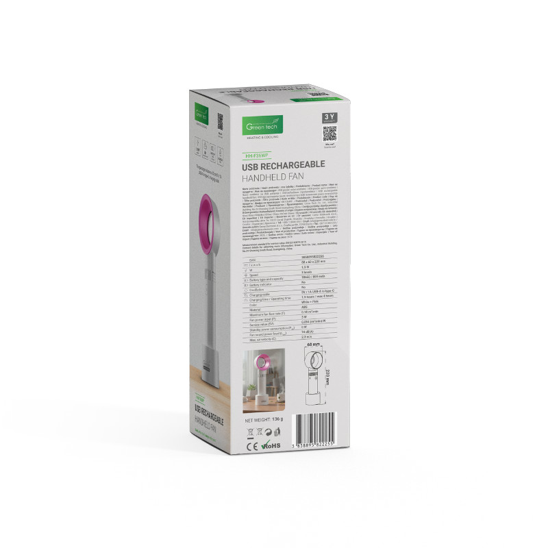 VENTILATOR GREEN TECH , 1.9W, BIJELI + PINK , SA USB PUNJENJEM