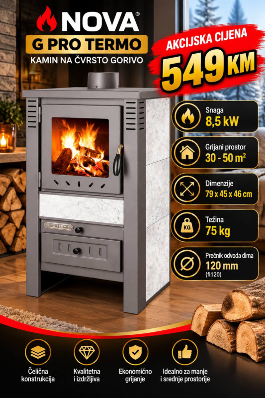 KAMIN NA CVRSTO GORIVO - NOVA G PRO TERMO - 8,5kW