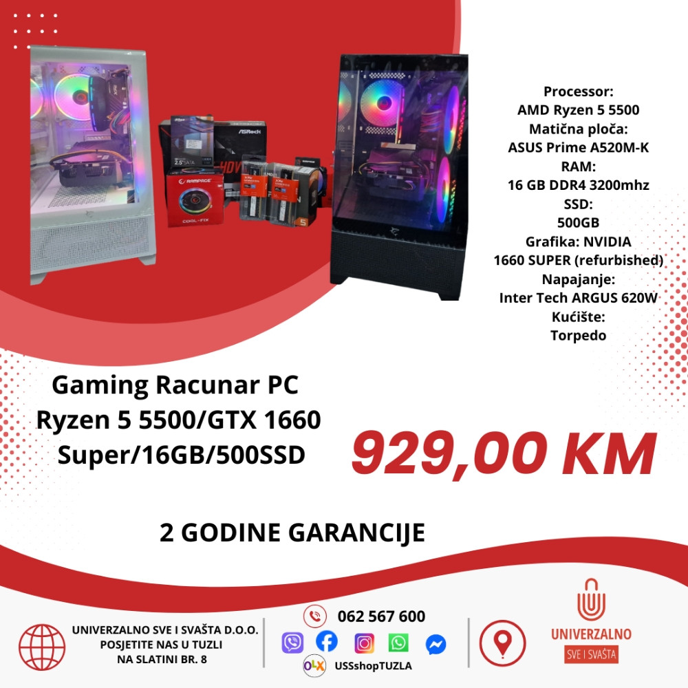 Gaming PC Računar Ryzen 5 5500/GTX 1660 Super/16GB/500SSD