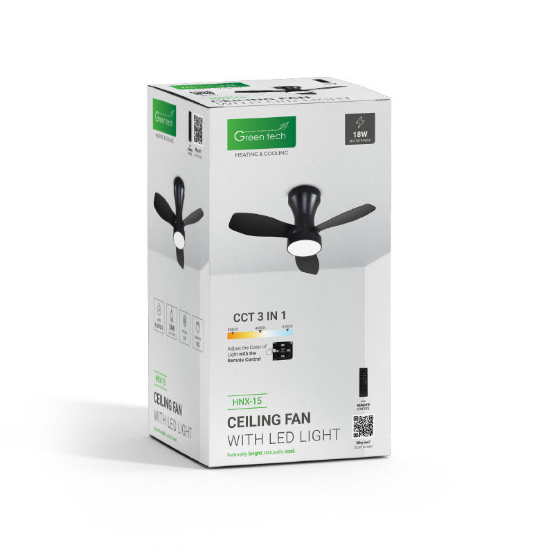 STROPNI VENTILATOR SA SVJETILJKOM GREEN TECH 24", 18W, 3CCT, CRNI