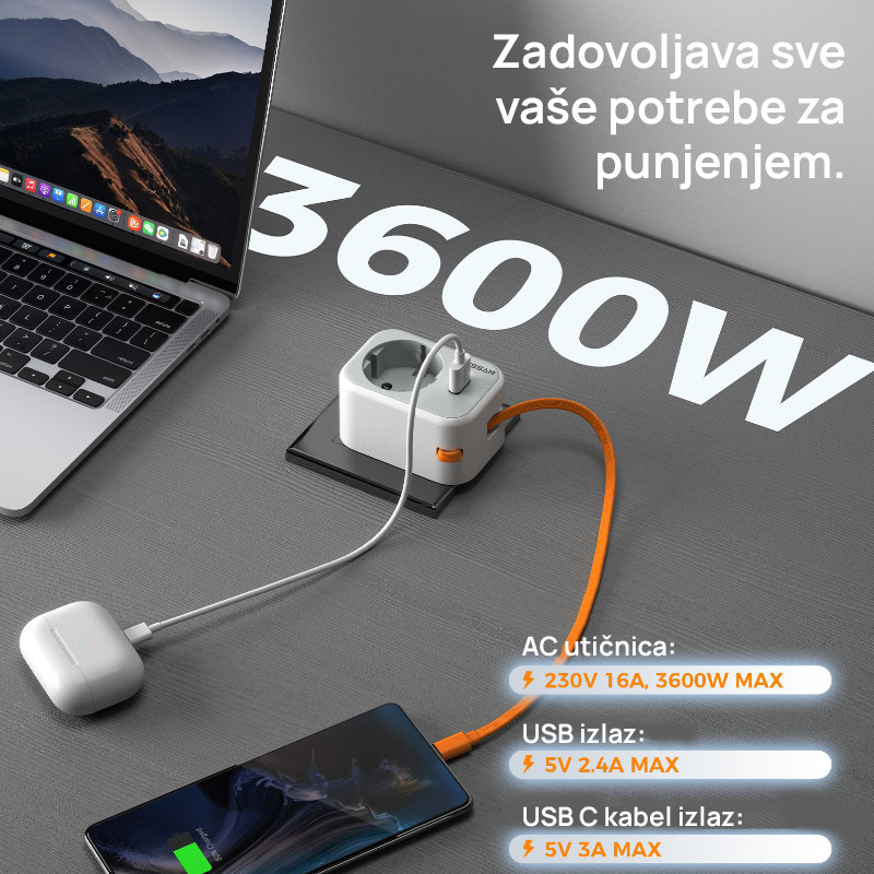 Zidna utičnica TS-332, 1x AC, 1x USB-C sa kabelom od 20cm, 15W