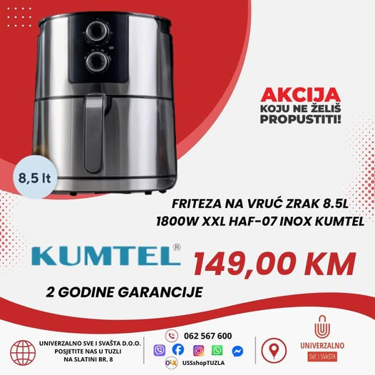 FRITEZA NA VRUC ZRAK KUMTEL 8,5L 1800W XXL HAF-07 INOX