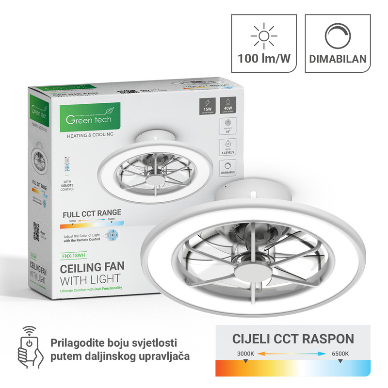 STROPNI VENTILATOR SA SVJETILJKOM GREEN TECH, 18,40W,3CCT, BIJELI