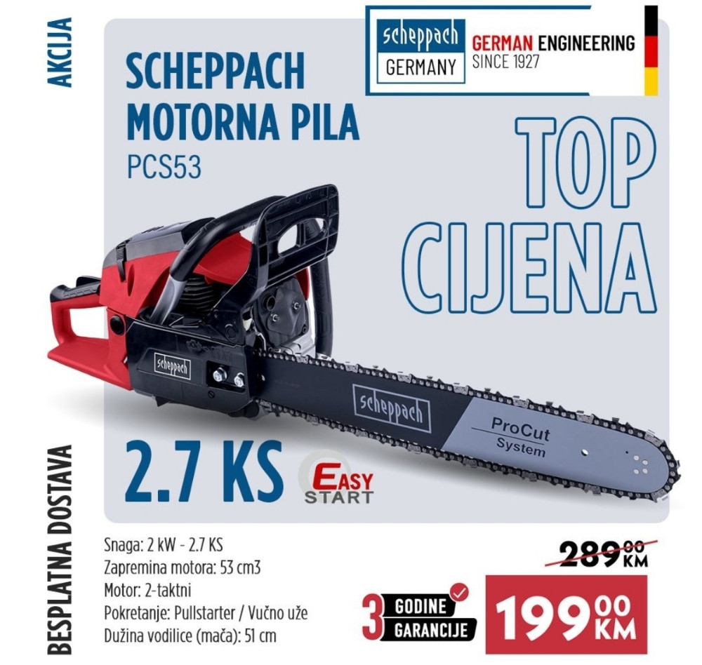 SCHEPPACH BENZINSKA MOTORNA PILA TESTERA MOTORKA PCS53 2,7 KS