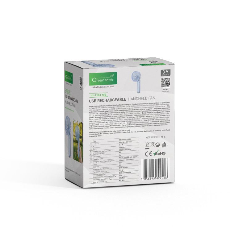 PRIJENOSNI VENTILATOR GREEN TECH, 1.1W, PLAVI , SA USB PUNJENJEM