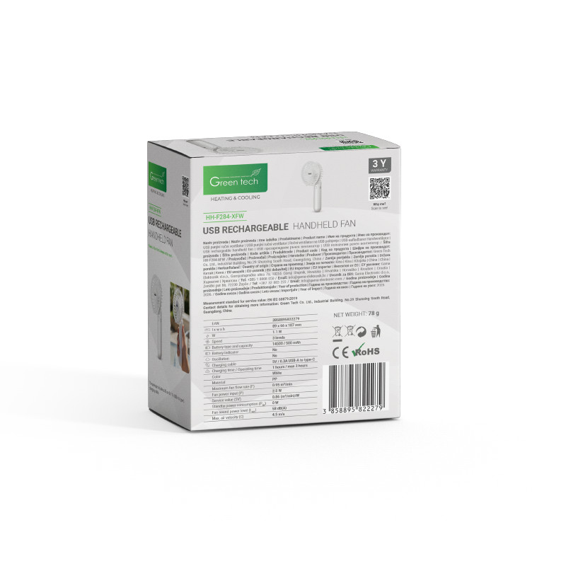 PRIJENOSNI VENTILATOR GREEN TECH, 1.1W,BIJELI, SA USB PUNJENJEM
