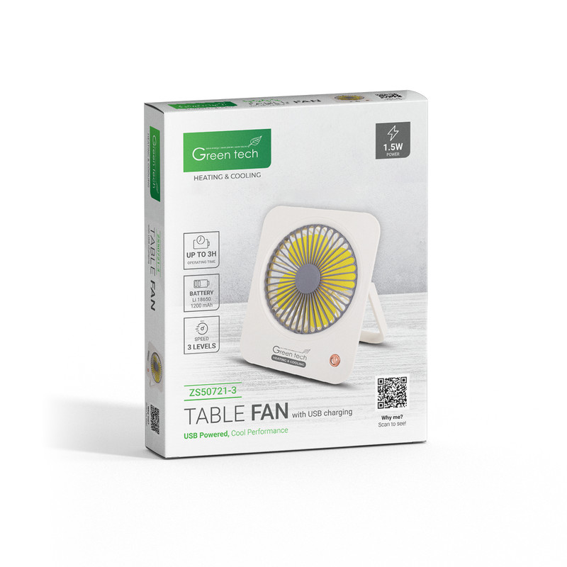 VENTILATOR STOLNI GREEN TECH , 1.5W, BIJELI , SA USB PUNJENJEM