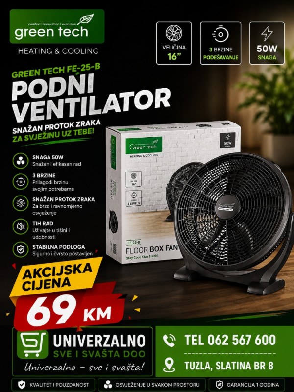 Green Tech podni ventilator FE-25-B 16" 50W, Black